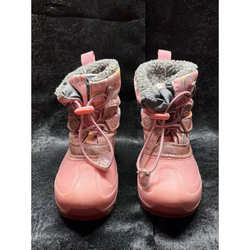 Girls Pink Unicorn Rainbow Snow Boots Glitter Trim Faux Fur Lined Winter‎ Boots